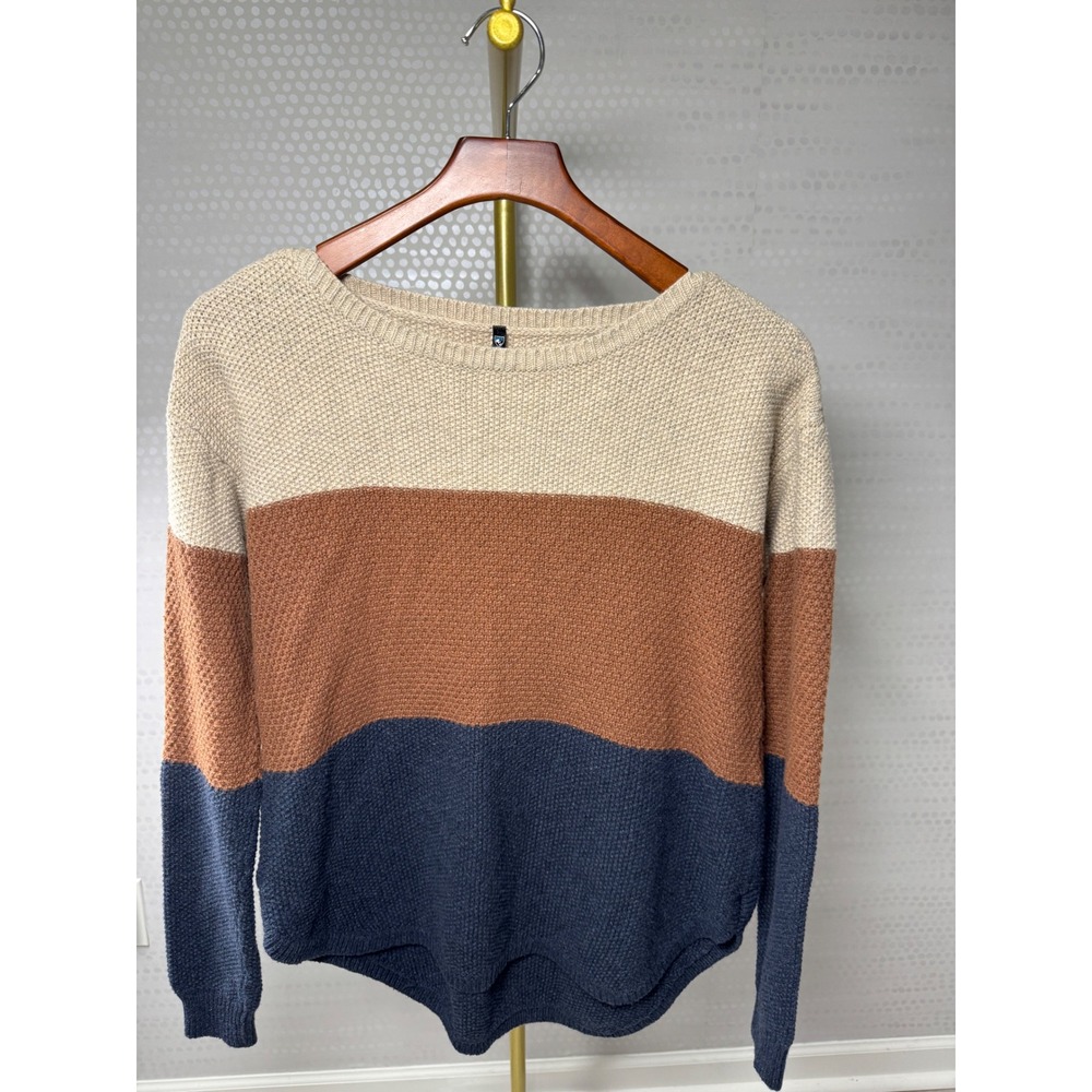 KUHL Womens Large Colorblock Knit Sweater Oatmeal Rust Navy Hi-Low Hem